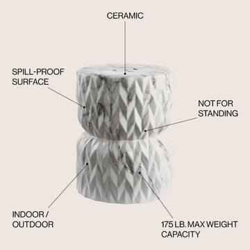Chevron Drum 17.5" White Marble Finish Ceramic Garden Stool - JONATHAN Y